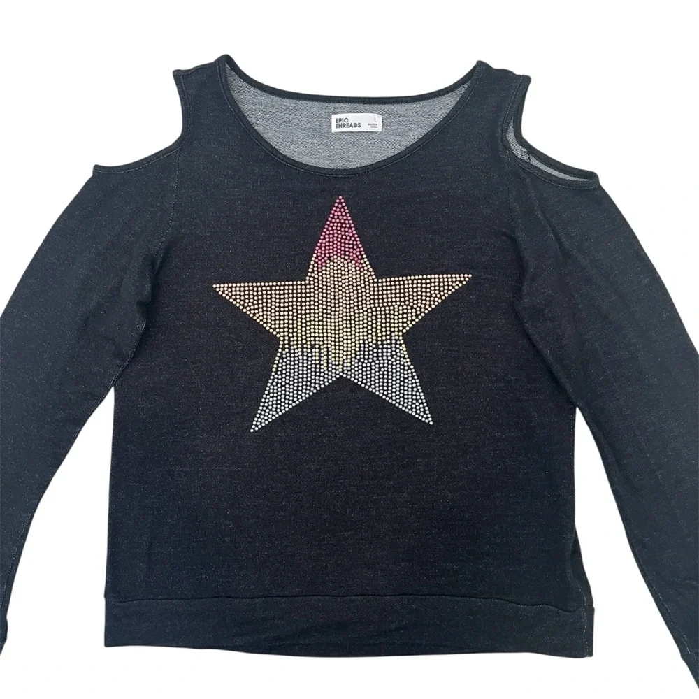 Epic Threads Girls L Cold Shoulder Top Black Long Sleeve Rhinestone Star
